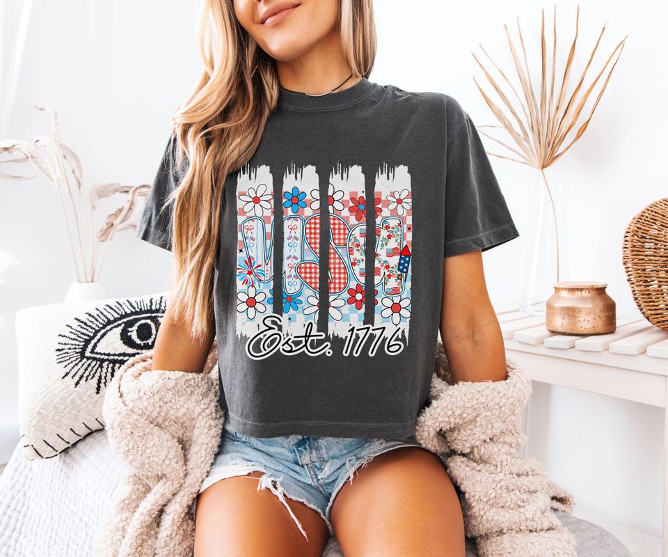 Retro Floral Women's Boxy Tee, 4th of July Boxy Tee