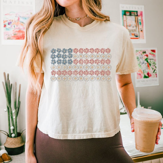 Floral American Flag Women's Boxy Tee, Patriotic Women's Boxy Tee