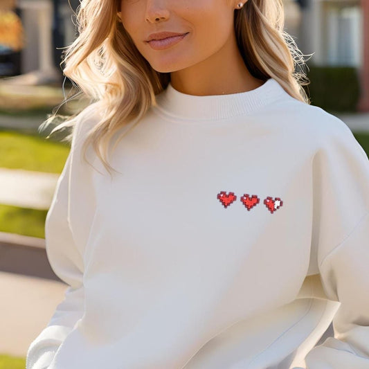 Pixelated Heart Container Sweatshirt with Embroidered Zelda-Inspired Design, Video Game Gift