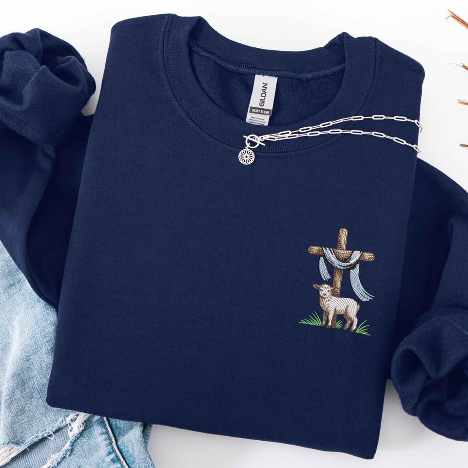 Embroidered Christian Cross & Lamb Sweatshirt, Easter Faith Shirt, Jesus Hoodie, Religious Gift, Church Apparel, Christian Easter Wear