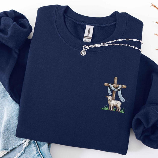 Embroidered Christian Cross & Lamb Sweatshirt, Easter Faith Shirt, Jesus Hoodie, Religious Gift, Church Apparel, Christian Easter Wear