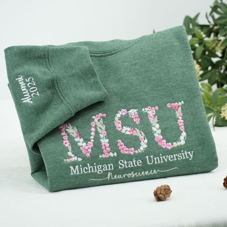 Custom College Embroidered Sweatshirt, Floral Letter Embroidered Hoodie, College University High School Crewneck, Graduation Gift For Friend