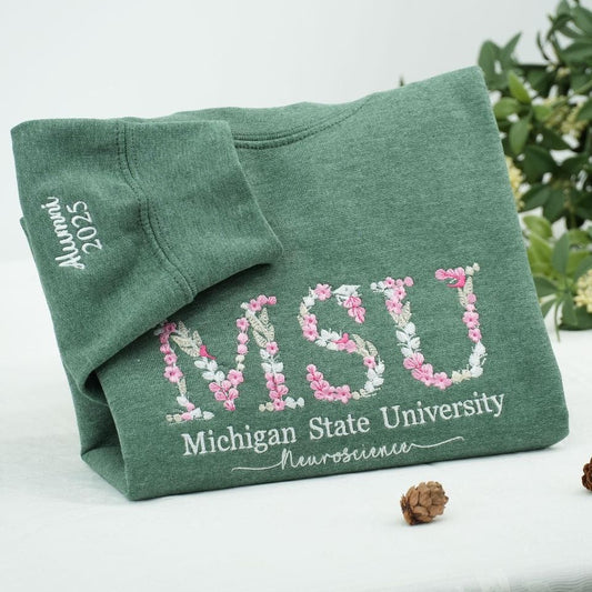 Custom College Embroidered Sweatshirt, Floral Letter Embroidered Hoodie, College University High School Crewneck, Graduation Gift For Friend