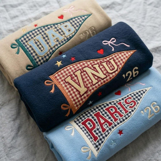 Embroidered Custom Pennant Sweatshirt, Gingham Applique Sweatshirt, Personalized College Letter Crewneck, Graduation Gift