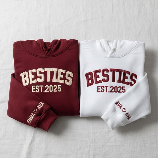 Besties Est. Year Embroidered Sweatshirt, Matching Best Friend Hoodie, Custom Sleeve Name Bestie T-shirt, College Style Crewneck