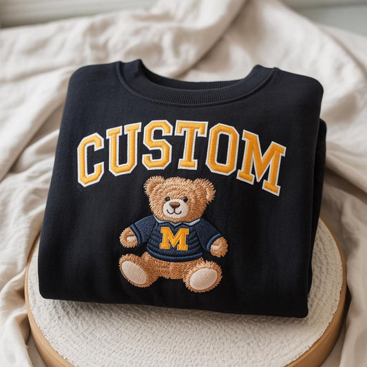 EMBROIDERED College Teddy Bear Sweatshirt, Custom Mascot Embroidery, Personalized University Crewneck,Cute School Spirit Shirt for Students