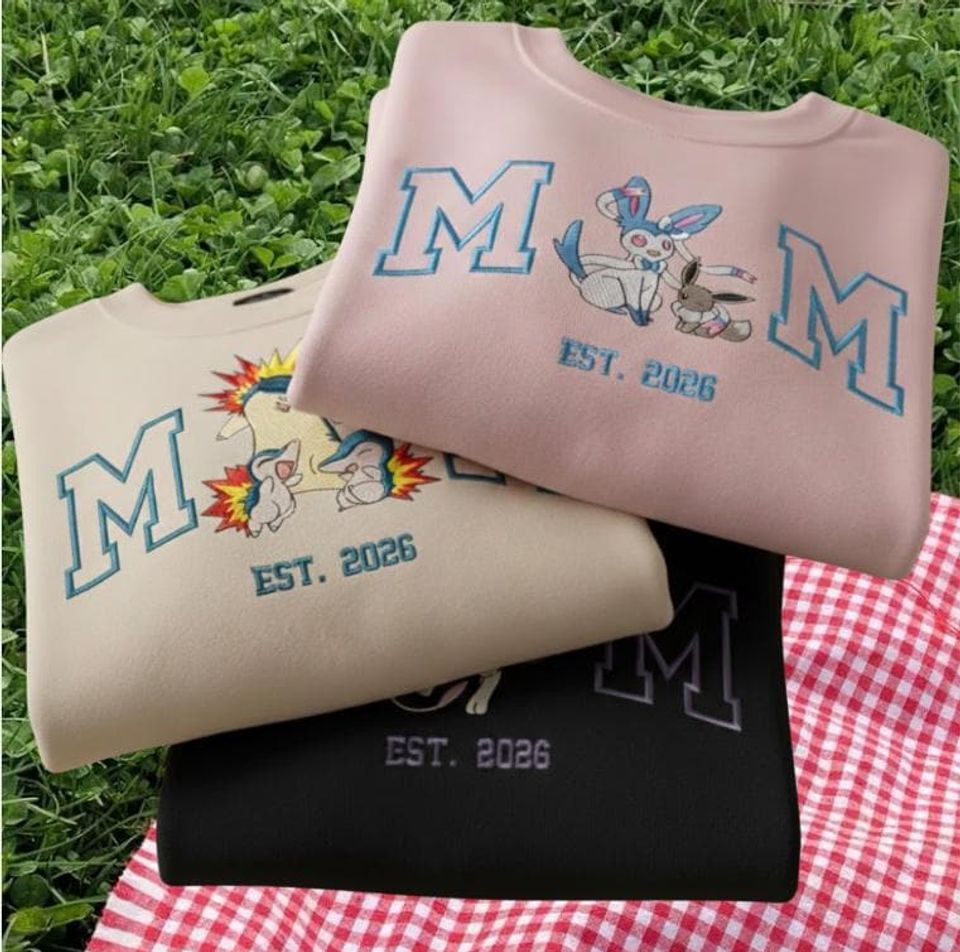 Embroidered Custom PKM Character Hoodie, Cute Poke Mom Characters Sweatshirt, Cozy Anime Embroidery, Gift for PKM Fans, Gift for mom