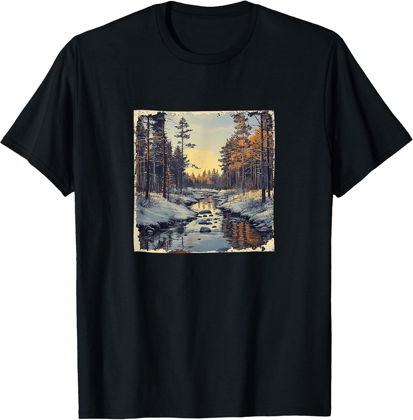 River In Winter Forest Vintage Landscape Merch