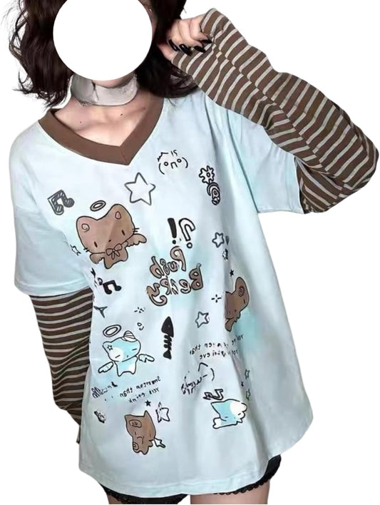 Y2k Fake 2 Piece Cute Shirts Women Kawaii Cutecore Graphic Long Sleeve Top Teen Girls 2000s Preppy Aesthetic Clothing