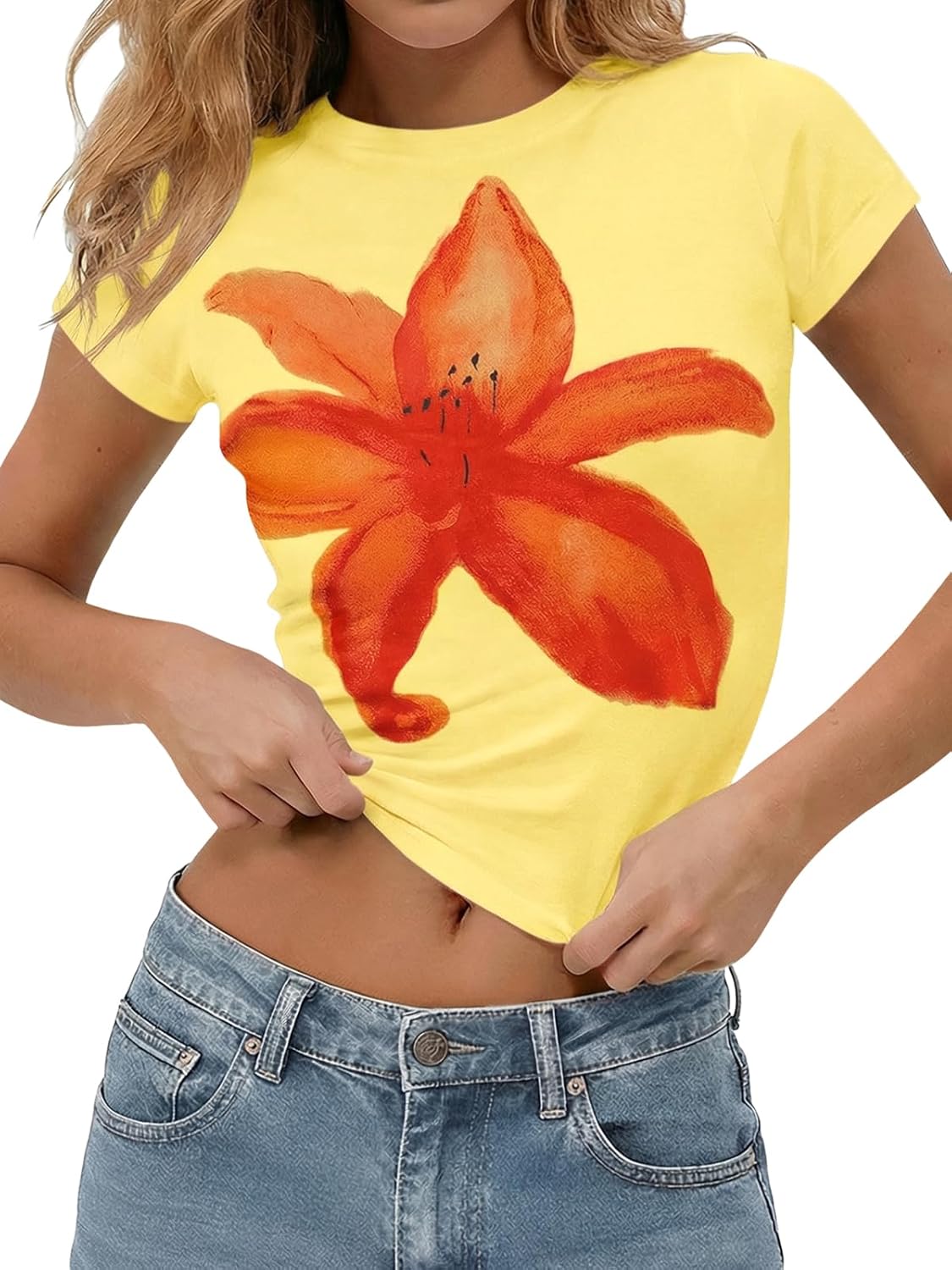 Womens Y2K Graphic Baby Tees Summer Floral Vintage Short Sleeve Tops Slim Fit Cropped Tshirts