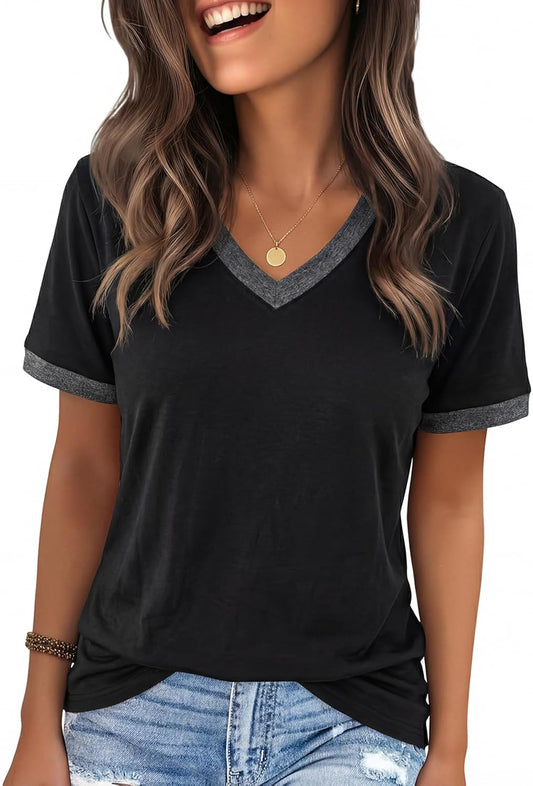 Womens T Shirts Graphic Tees Spring Short Sleeve V Neck Funny Letter Print Casual Loose Cute Summer Tops