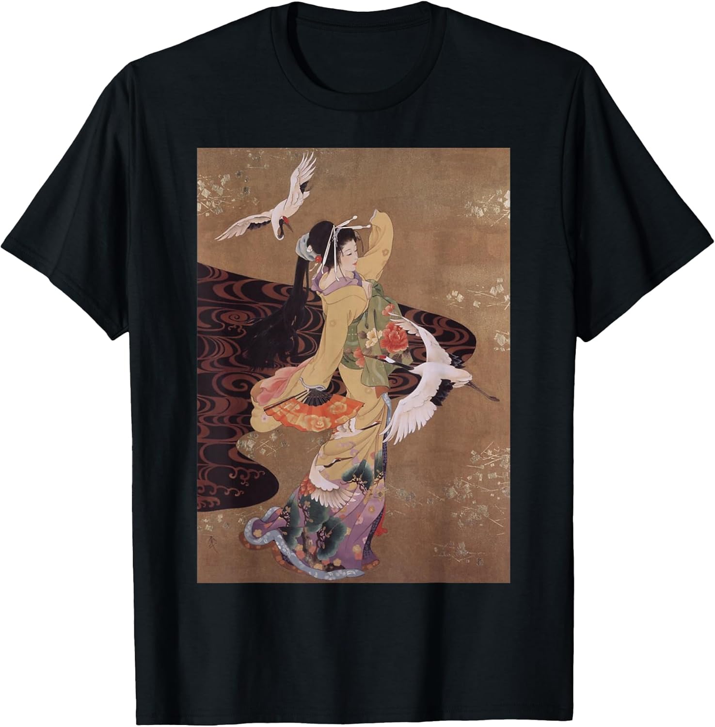 Dance of Cranes Japanese Retro Art T-Shirt Small