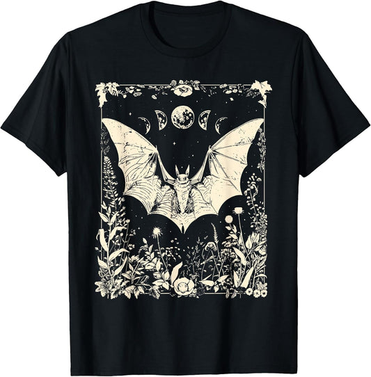 Cottagecore Floral Bat Moon Phase Gothic Spooky Halloween T-Shirt