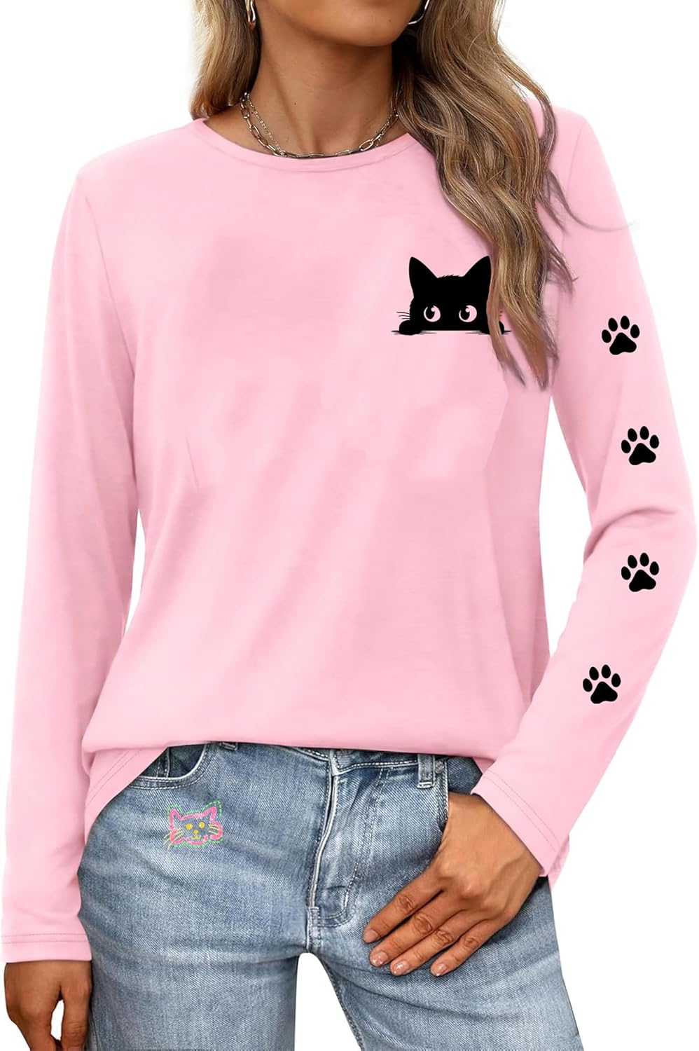 Cat Long-Sleeve T-Shirt for Women Peeping Cat Mom Pet Lover Paw Graphic Pullover Top