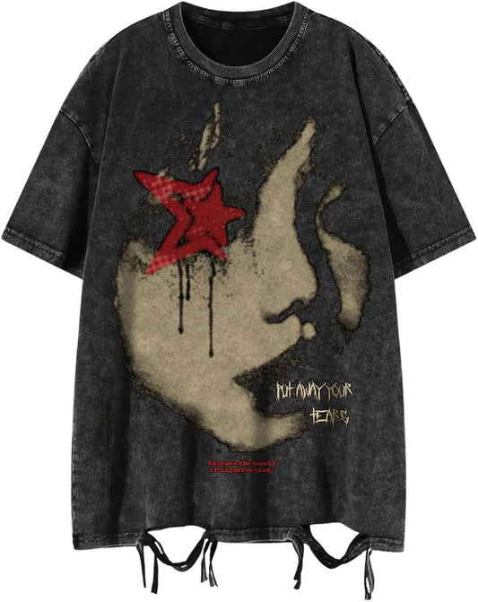 Men's Grunge Graphic Oversized Tee Shirts Y2K Vintage Short Sleeve Acid Wash Distressed T Shirt Top