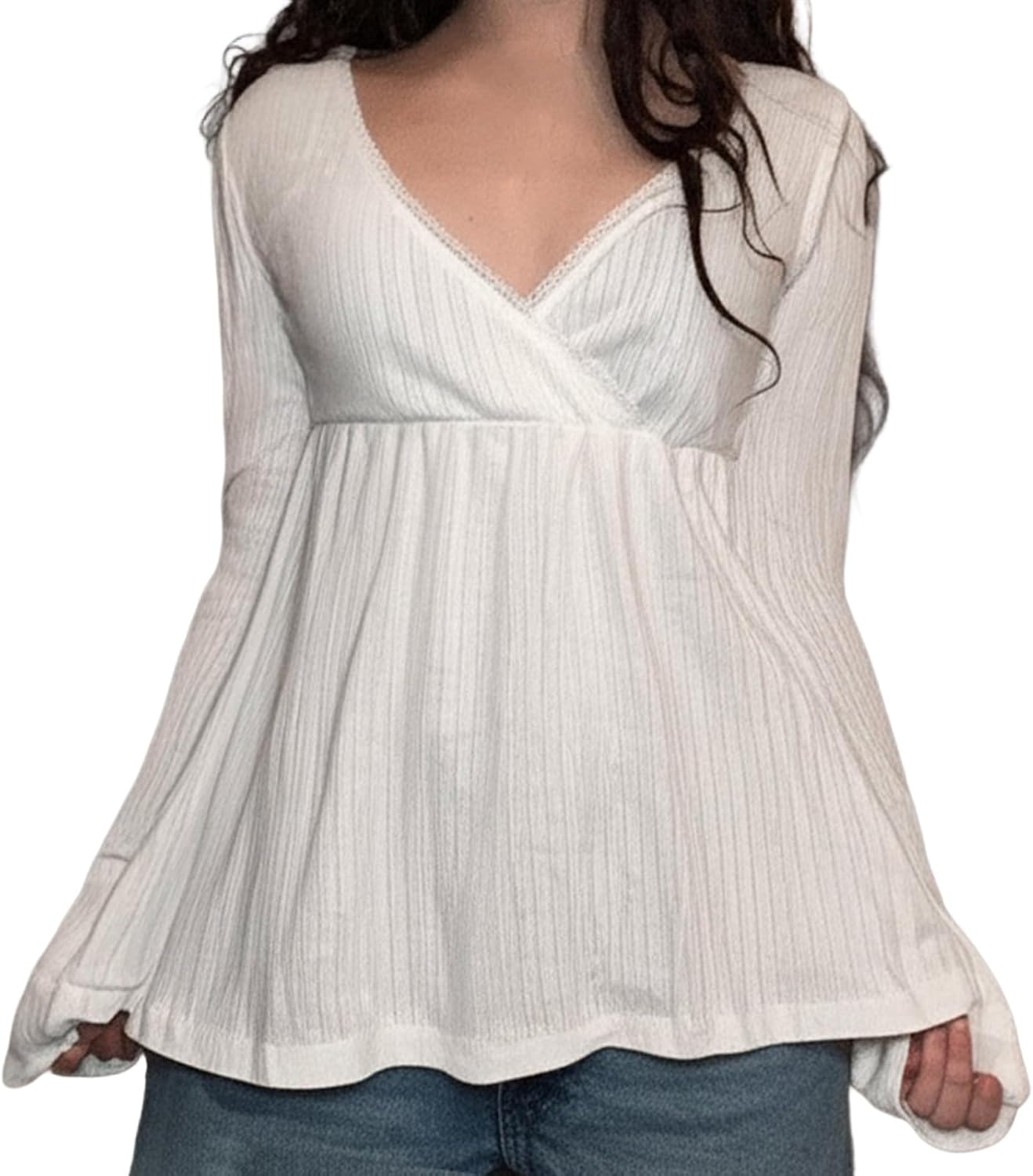 Women Y2k Fairy Grunge Babydoll Tops Long Sleeve V Neck Slim Fit Aesthetic Shirts E Girl Vintage Coquette Blouses