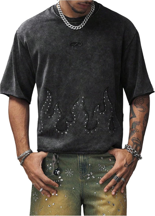 Men's Sparkly Rhinestone Fire Flame Shirt Oversized Short Sleeve Punk Y2k Tee Streetwear