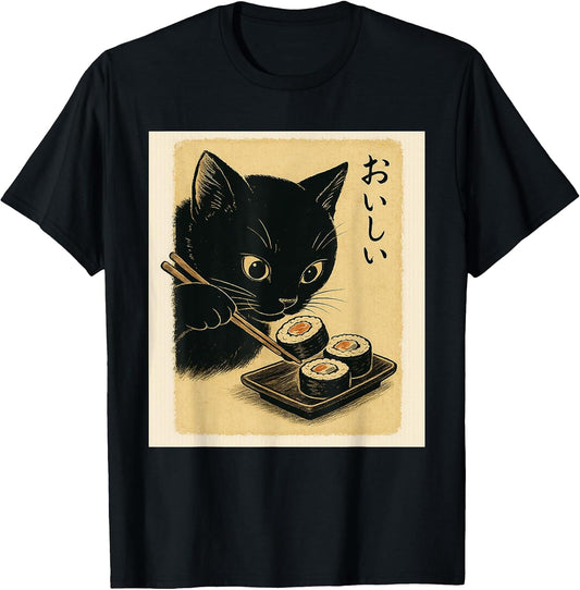 Black Cat Eating Sushi - Japan Lover Japanese Cuisine Chef Men Women Kids T-Shirt