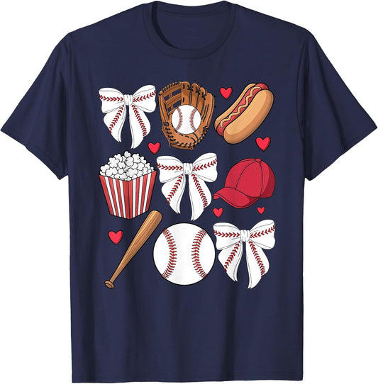 Baseball Coquette Bow Women Girls Baseball Cheer Mom Mama T-Shirt