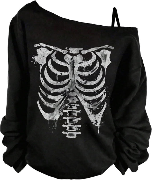 Women's Off The Shoulder Graphic T Shirts Gothic Long Sleeve Tops Y2k Tops