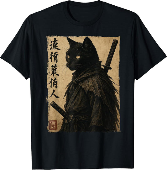 Samurai Cat Shirts for Men Japanese Ink Style Anime Gifts T-Shirt