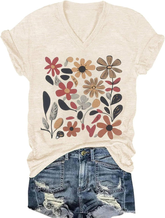 Womens V-Neck T-Shirt Flower Graphic Tees Summer Fashion Boho Tops Tshirts Loose Casual Wildflower Beach T Shirts