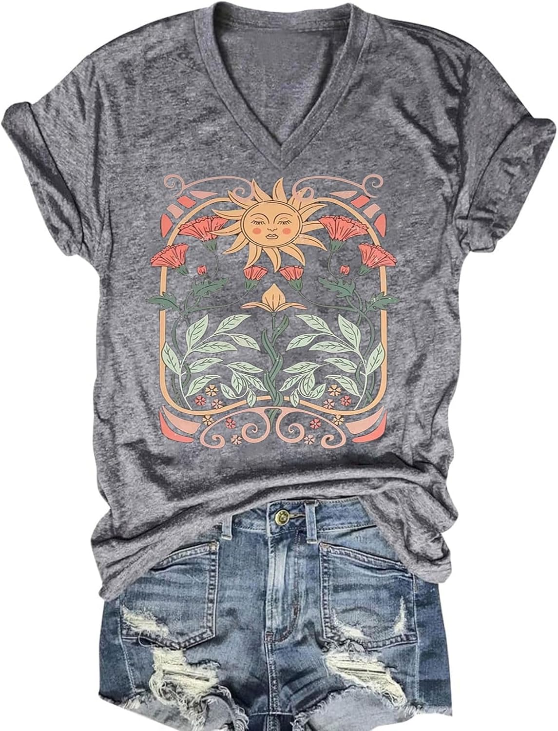 MQSVPUT Women's T-Shirts V-Neck Boho Flowers Wildflowers Tee Cute Summer Graphic Shirts Short Sleeve T Shirt