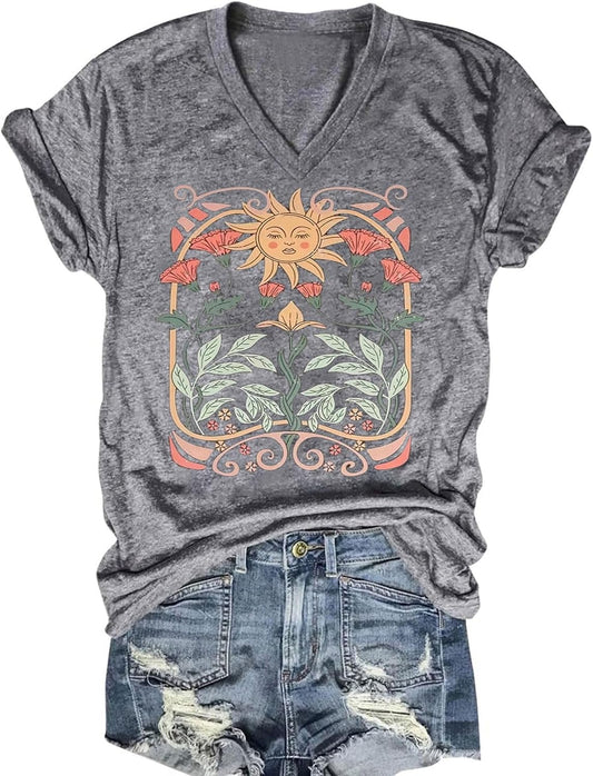 MQSVPUT Women's T-Shirts V-Neck Boho Flowers Wildflowers Tee Cute Summer Graphic Shirts Short Sleeve T Shirt