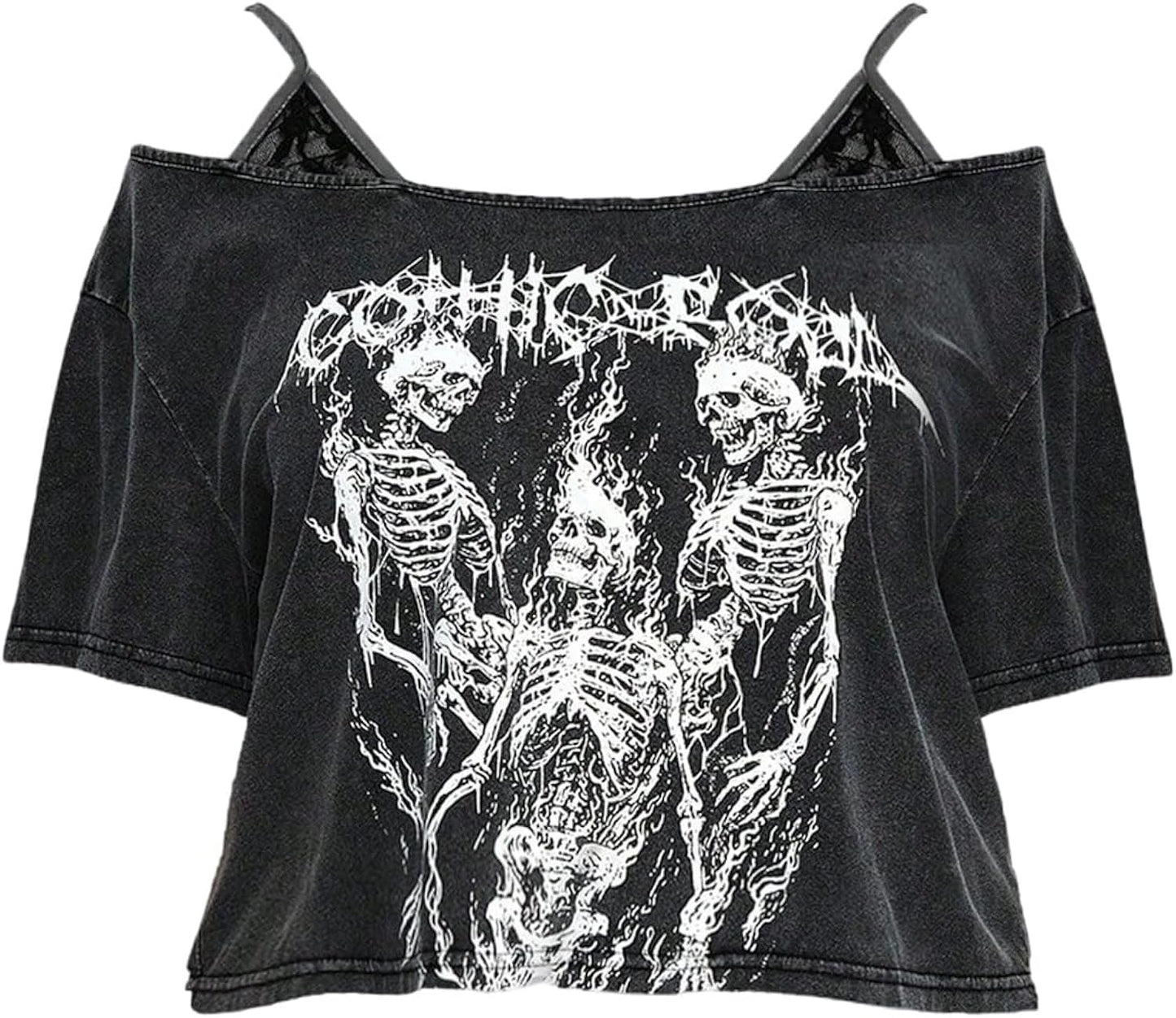 Women's Plus Size Goth Cold Shoulder T-Shirts Graphic Tees Short Sleeve Loose Crop Tops