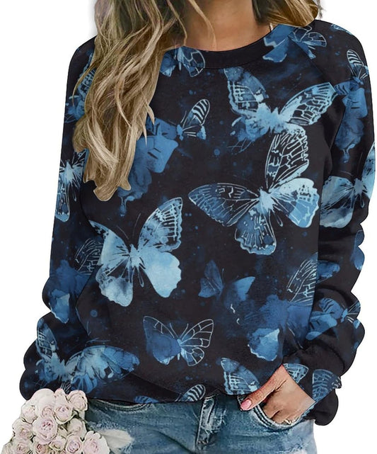 Cat Sweatshirts for Women Fall Fashion Casual Crewneck Pullover Tops Butterfly Floral Graphic Y2K Long Sleeve T Shirt