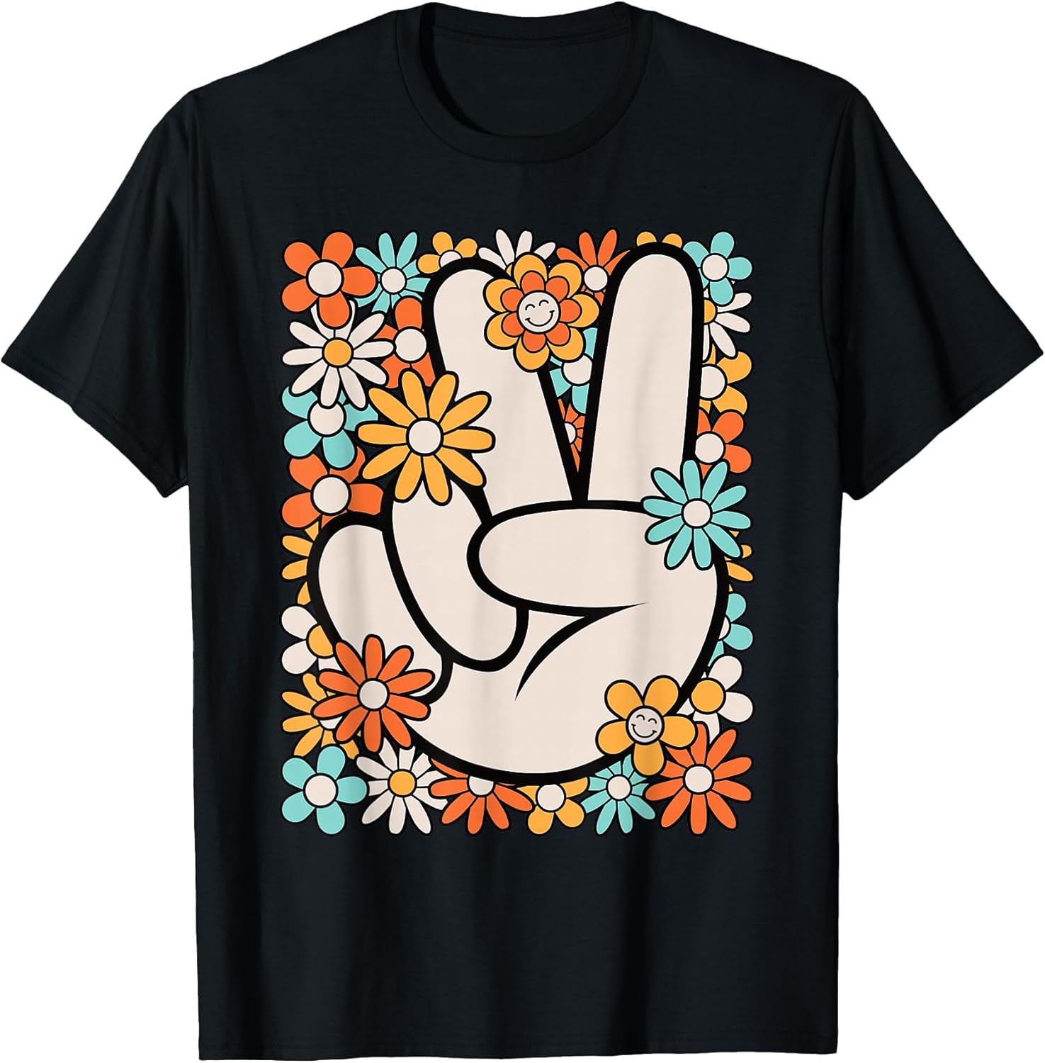 Hippie Peace Hand Sign Groovy Flower 60s 70s Men Women Kids T-Shirt