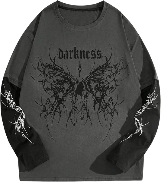 Men's Gothic Punk Graphic Tees Grunge Long Sleeve Crew Neck Loose Fit 2 in 1 T Shirts Streetwear