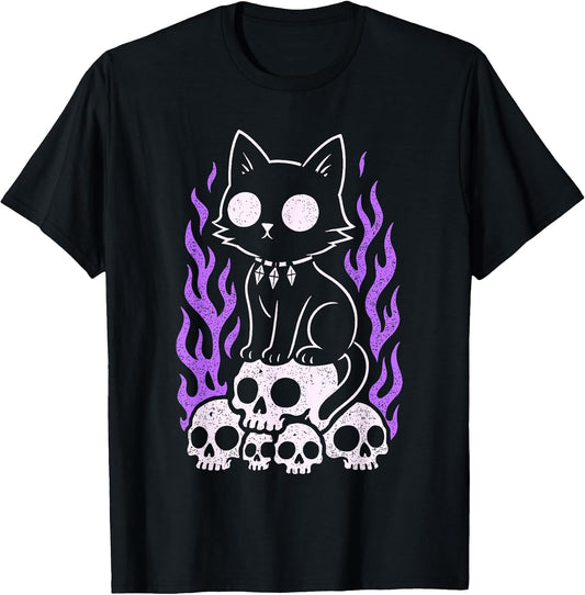 Cat Kitty Skulls Creepy Cute Kawaii Pastel Goth Purple Flame T-Shirt