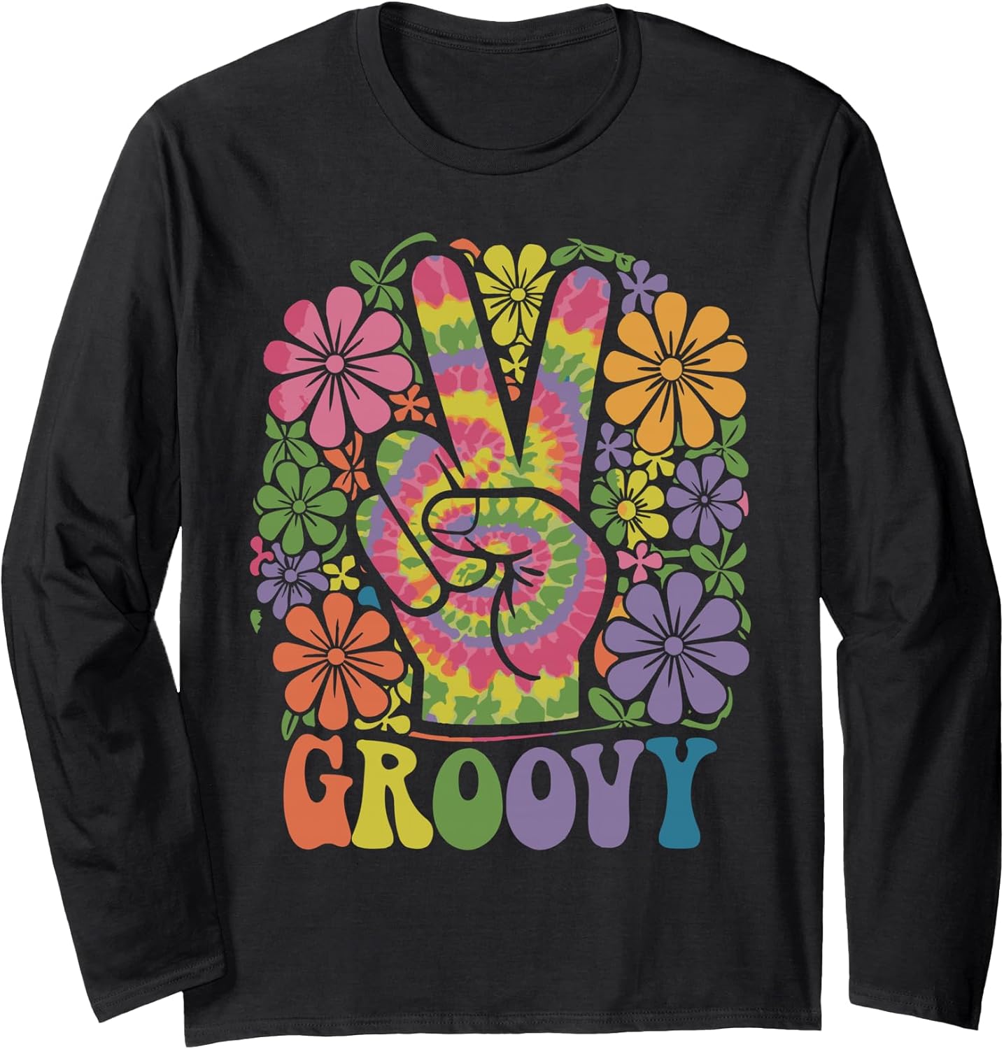 Groovy Tie Dye Peace Hand Sign Hippy 60s 70s Retro Hippie Long Sleeve T-Shirt
