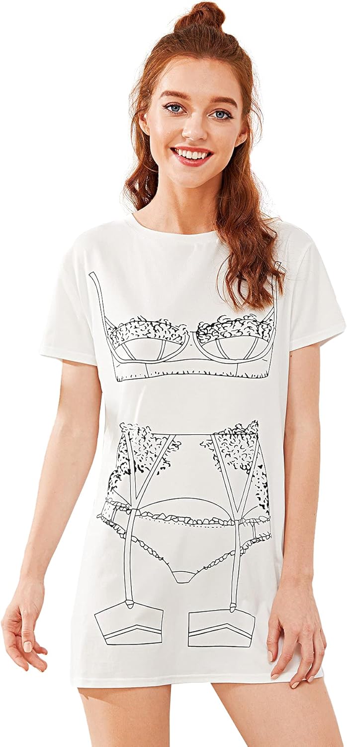 Women's Funny Lingerie Nightgown Cute Print Tshirt Sleepdress