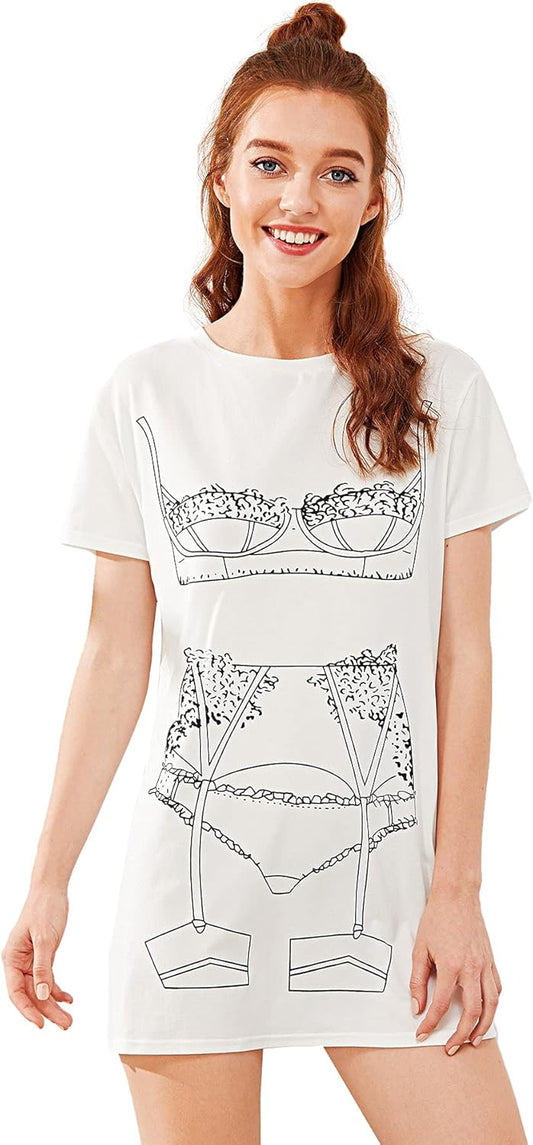 Women's Funny Lingerie Nightgown Cute Print Tshirt Sleepdress