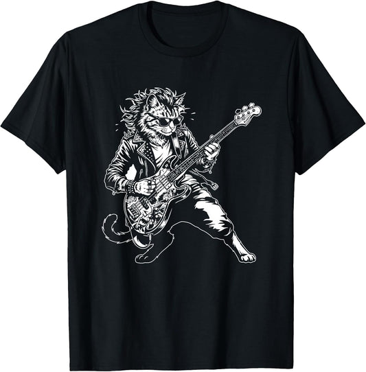 Punk Rock Cat Playing Bass Guitar Cool Musician Graphic T-Shirt