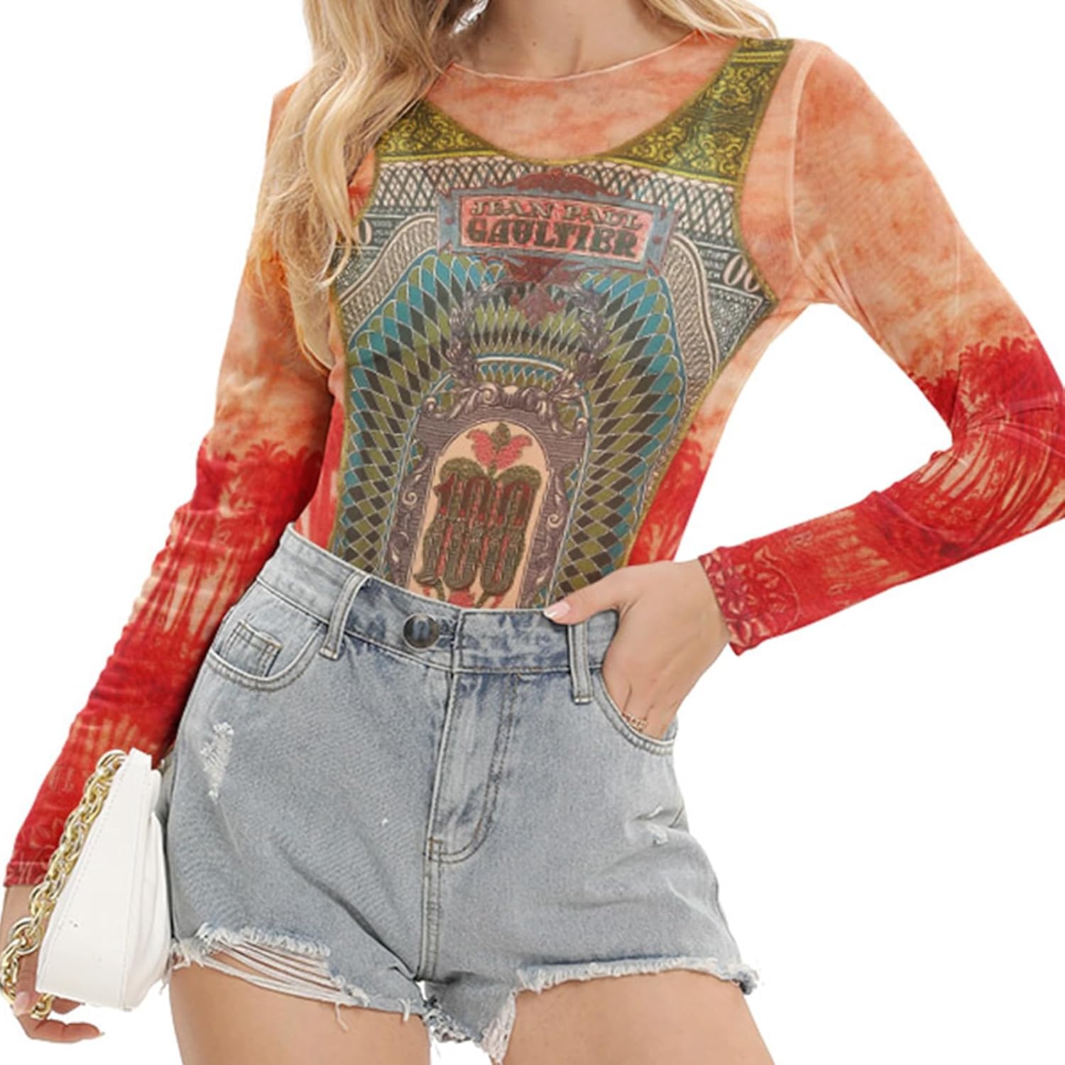 Women Mesh Printed Crop Top Shirt Long-Sleeved Slim Cool T-Shirts Modern Punk Street Tops
