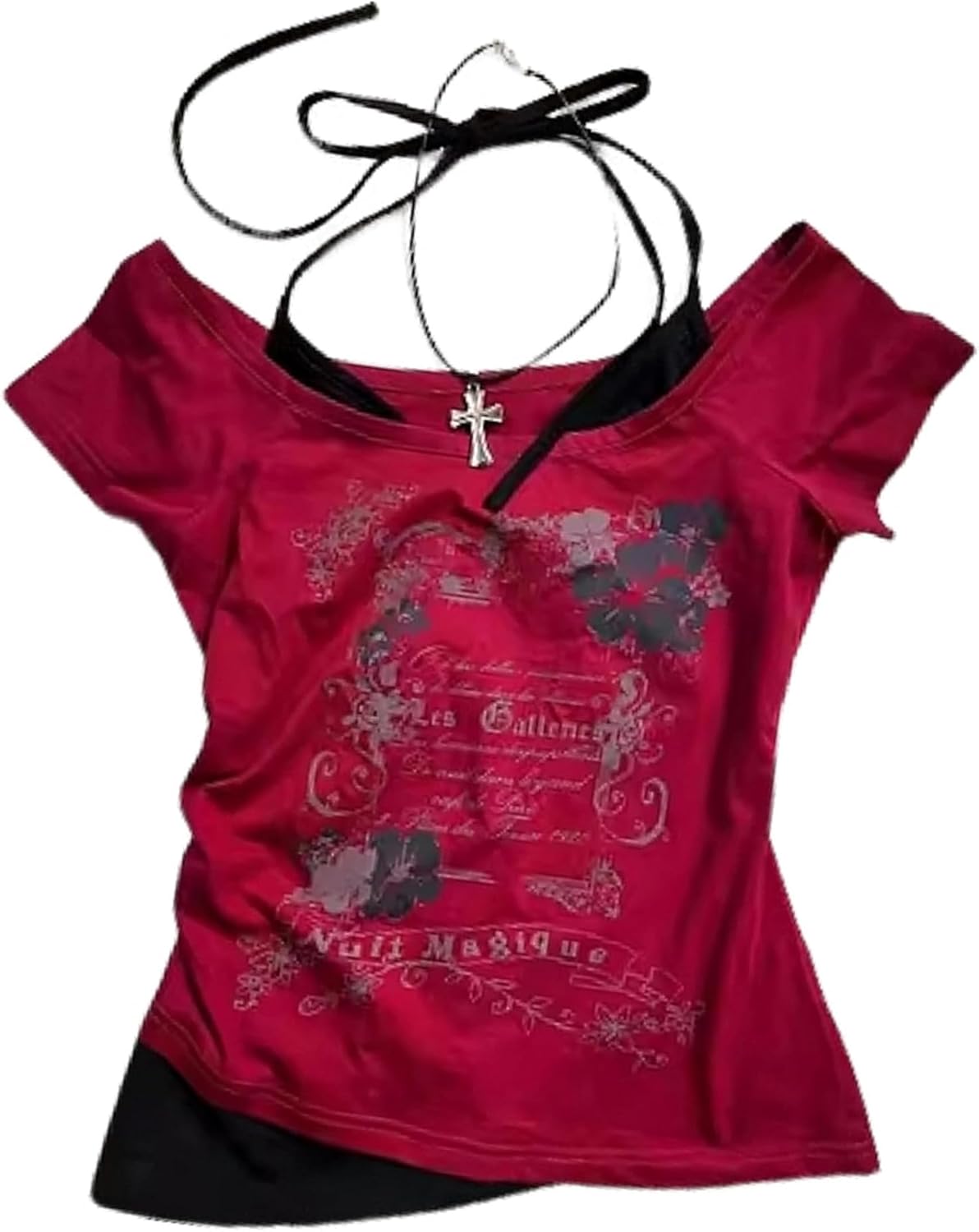 Emo Grunge Shirt Women Tees Graphic Baby Y2k Crop Tops Alt Clothes Fake Two Piece Short Sleeve Vintage T Shirts
