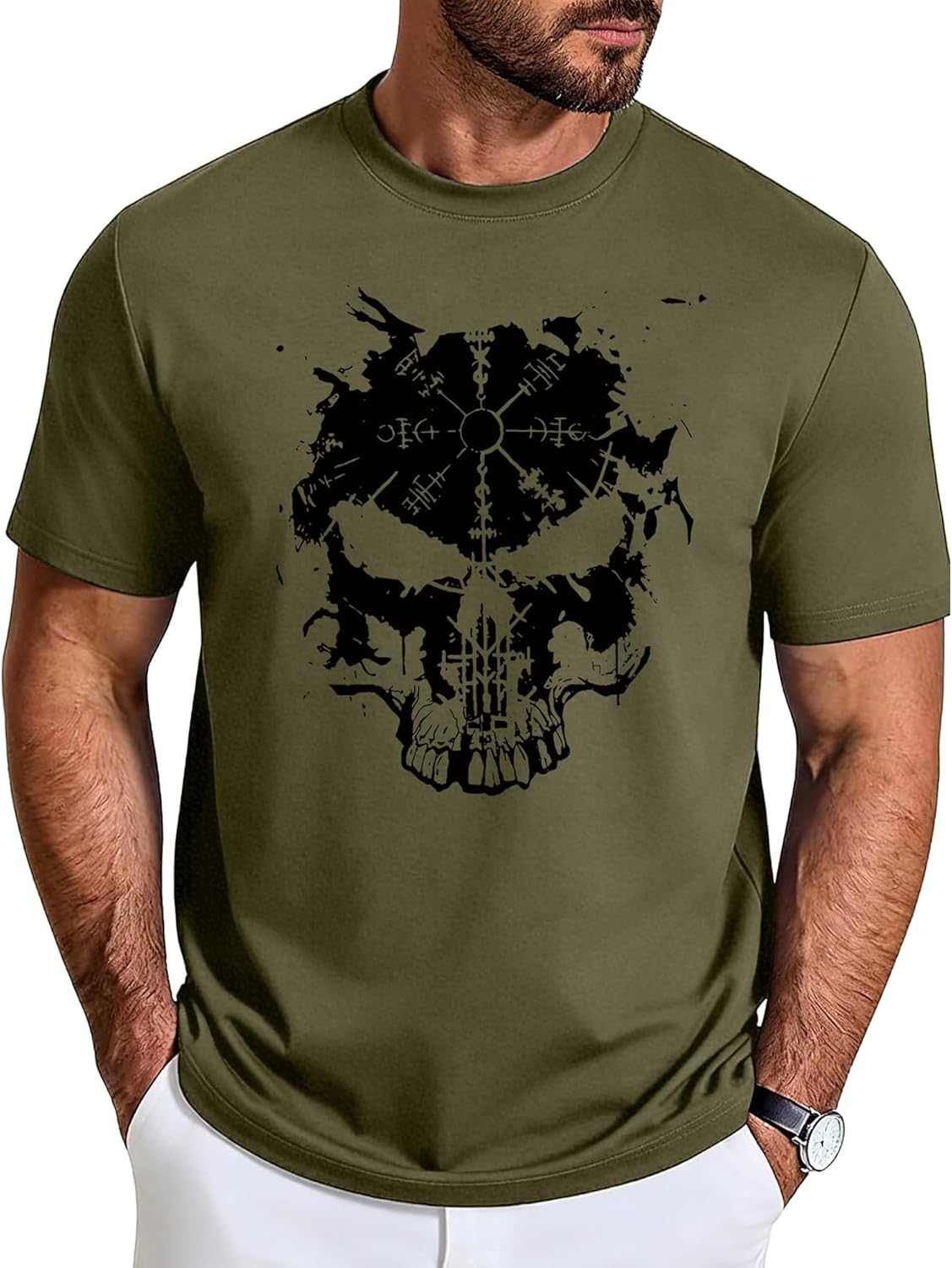 Mens Viking Skull Graphic T Shirt Slim Fit Cotton Tee Nordic Gothic Short Sleeve Casual Streetwear