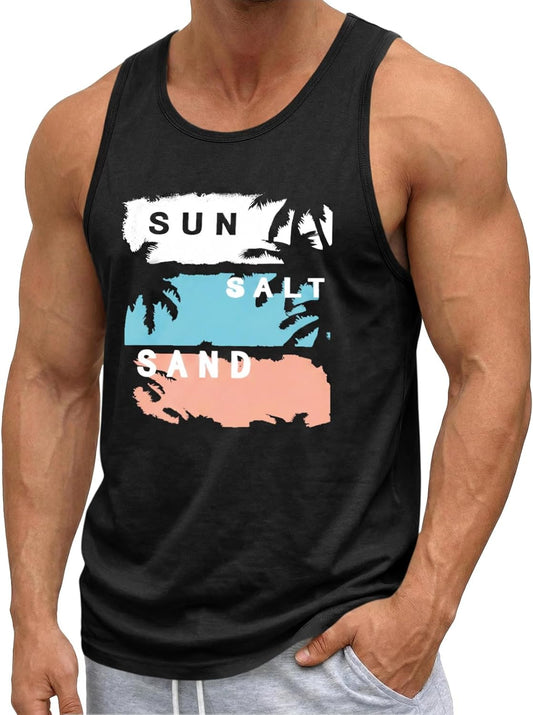 Mens Sleeveless Tank Tops Graphic Workout Muscle Gym T-Shirts Hawaiian Printed Summer Beach Vacation Tops