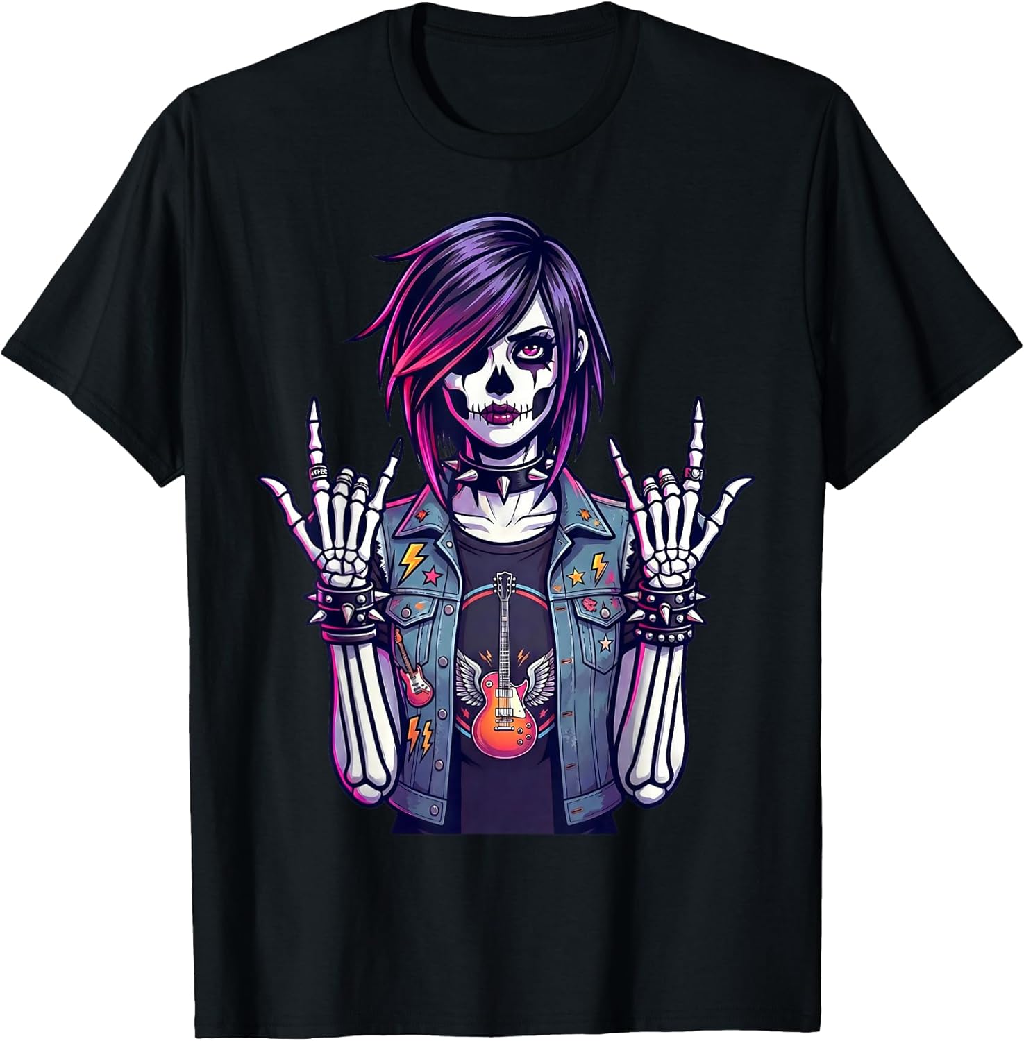 Goth Skeleton Girl Rock Guitar Punk Skull Art Rock'n Roll T-Shirt