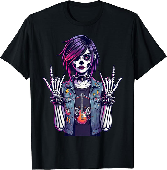 Goth Skeleton Girl Rock Guitar Punk Skull Art Rock'n Roll T-Shirt