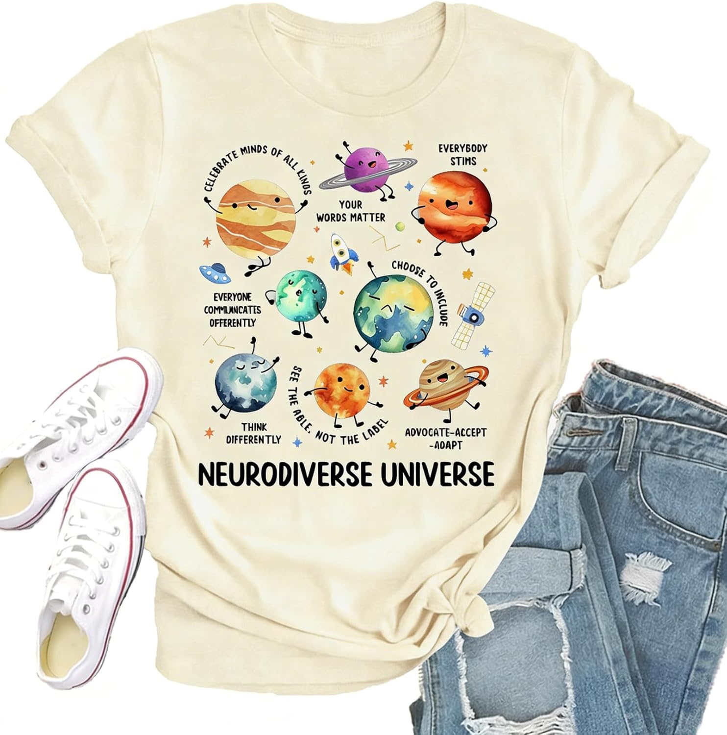 Autism Awareness Shirt Women Neurodiverse Universe Graphic T-Shirts Special Education Teacher Tee Mental Health Tops