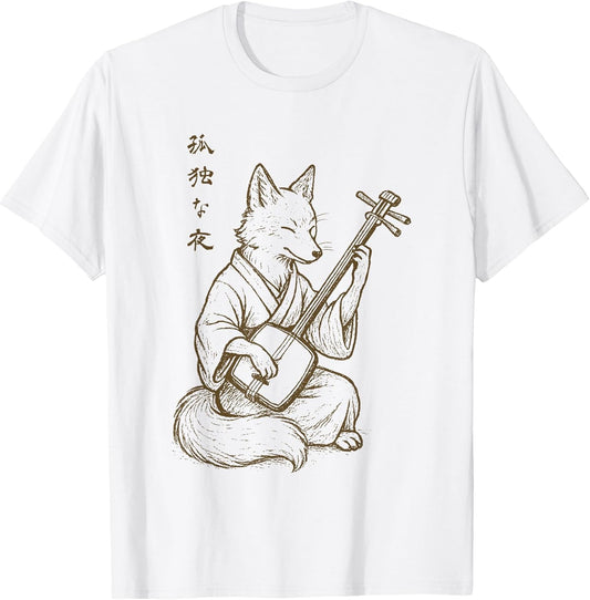 Minimalist Harajuku Kitsune Shamisen Japanese Fox T-Shirt
