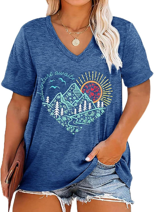 Plus Size T Shirt for Women Vintage Adventure Awaits Tshirt Hiking Shirts Mountain Graphic Tees Short Sleeve Tops