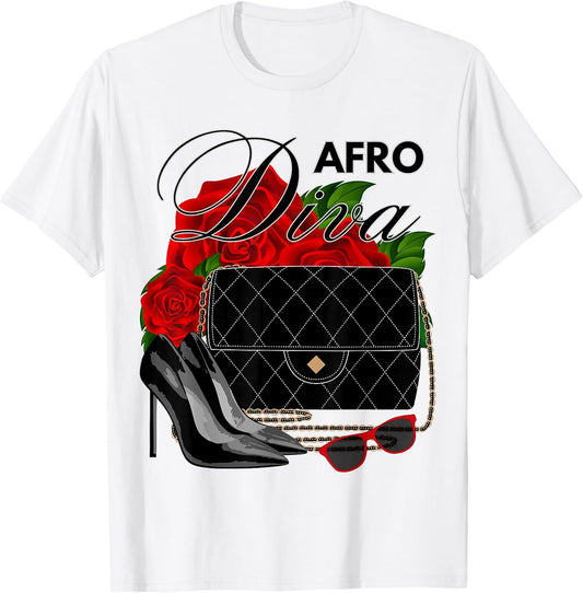 Gifts Designer Handbag Shoes Afro Diva Red Flowers Melanin T-Shirt