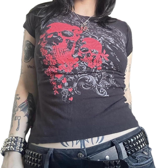 Women Y2K Graphic T-Shirts Punk Gothic Grunge Emo Top Short Sleeve Vintage 00s Aesthetic Clothes Baby Tees