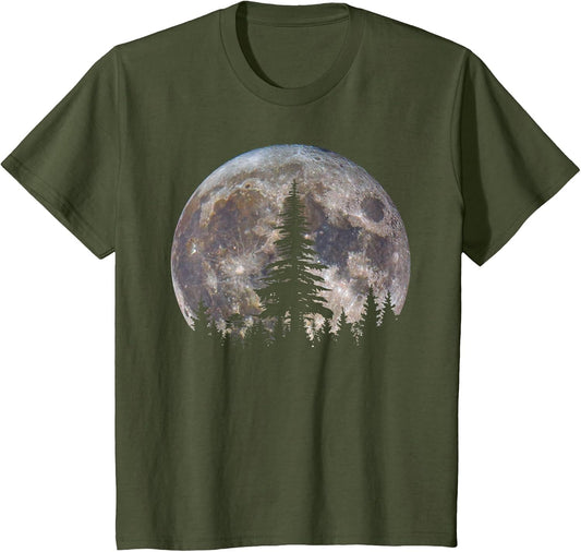 Retro Full Moon Vintage Forest Nature Minimalist Pine Tree T-Shirt