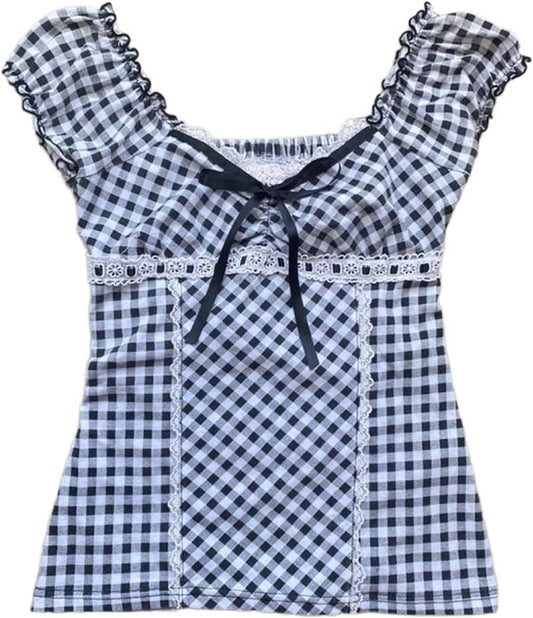 Women Y2K Summer Tops Short Sleeve Lace Up V Neck Shirt Fairy Grunge Vinatge E-Girls Aesthetic Tops